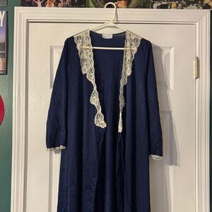 Vanity Fair Navy Blue Robe with Cream Lace Trim